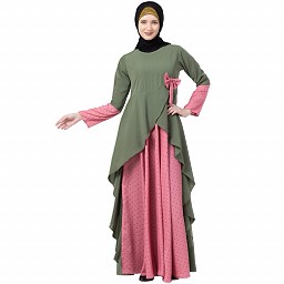 Polka dotted asymmetrical dress abaya- Jade Green-Pink Polka dotted asymmetrical dress abaya- Jade Green-Pink